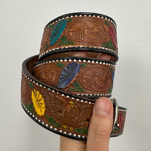 Vintage Western Brown Tooled Leather Belt Made in Mexico Hand Painted Size M - Picture 5 of 12